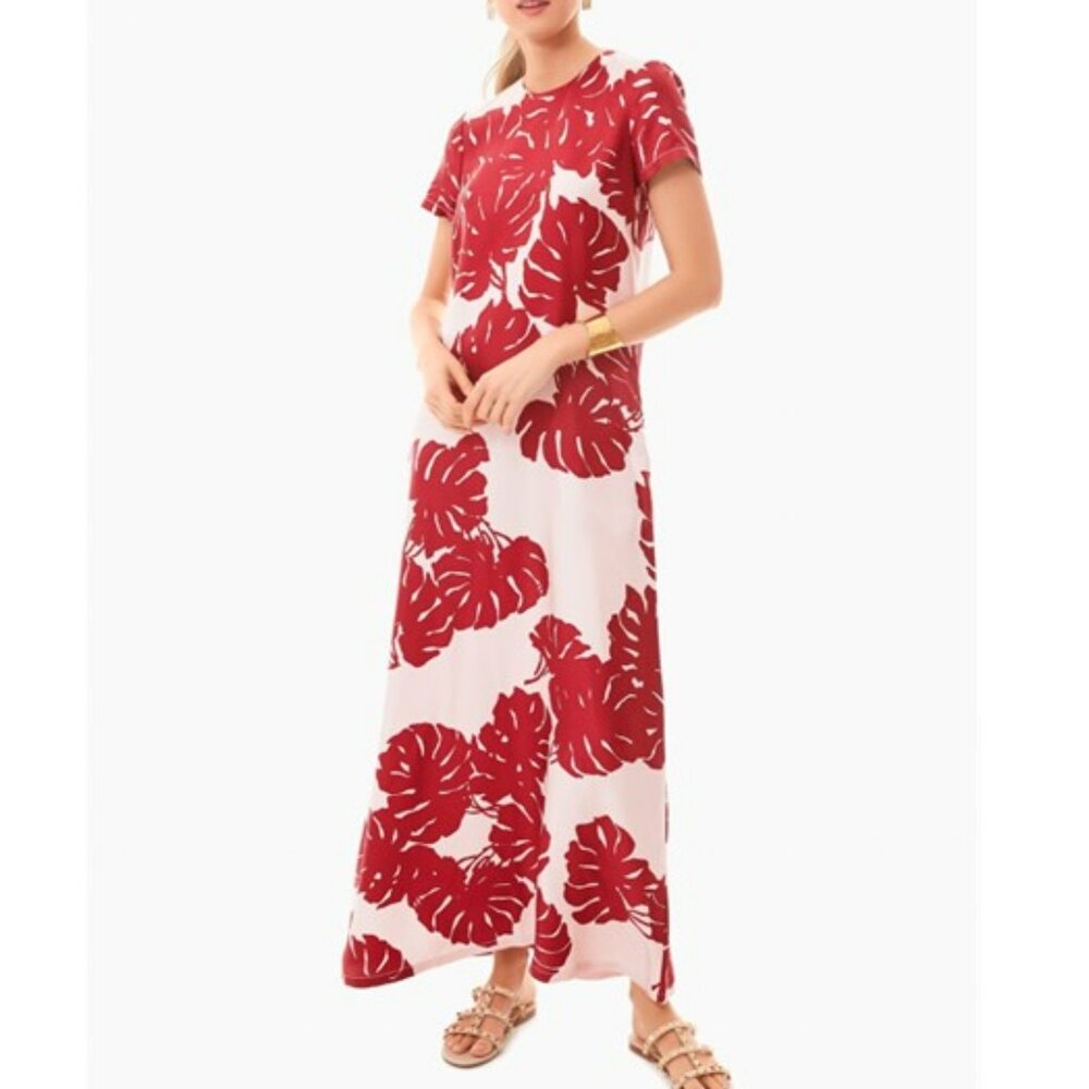 La Double J Short Sleeve Maxi Monstera Rosa Swing Dress, XS